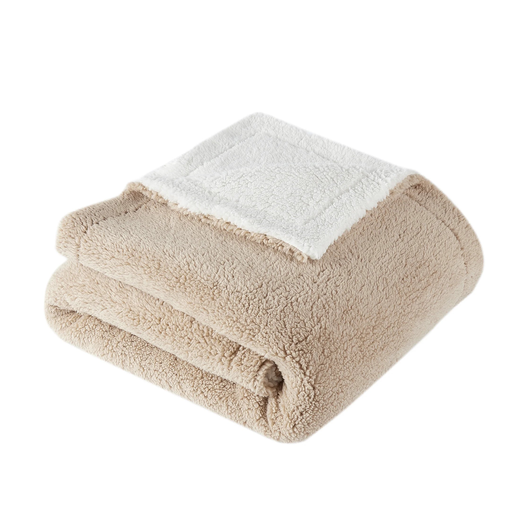 Reversible 2-Tone Ivory and Brown Sherpa Dual Layer Throw Blanket, 50" X 60", Recycled Polyester, Adults and Teens