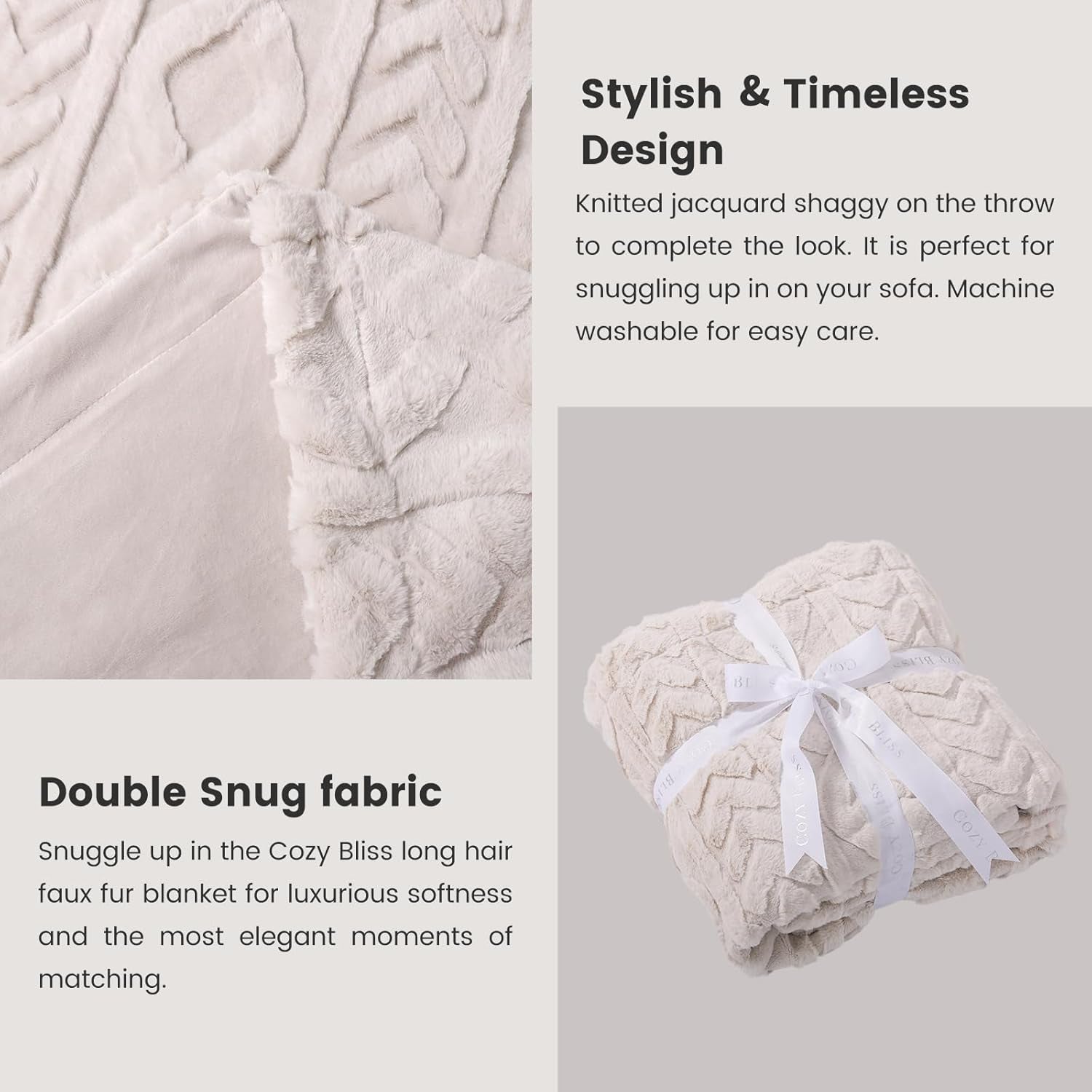 Faux Fur Throw Blanket for Couch, Jacquard Fuzzy Plush Soft Thick Winter Throw Blanket for Sofa Bed Living Room Bedroom,60"X80" Beige