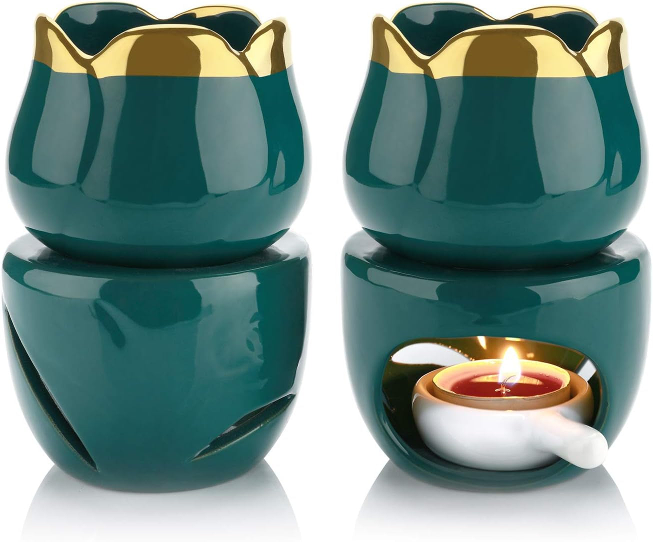 Wax Melt Burners Essential Oil Burner Set of 2, Aromatherapy Aroma Burner Ceramic Oil Diffuser Candle Tealight Holder Home Bedroom Decor Christmas Housewarming Gift Green