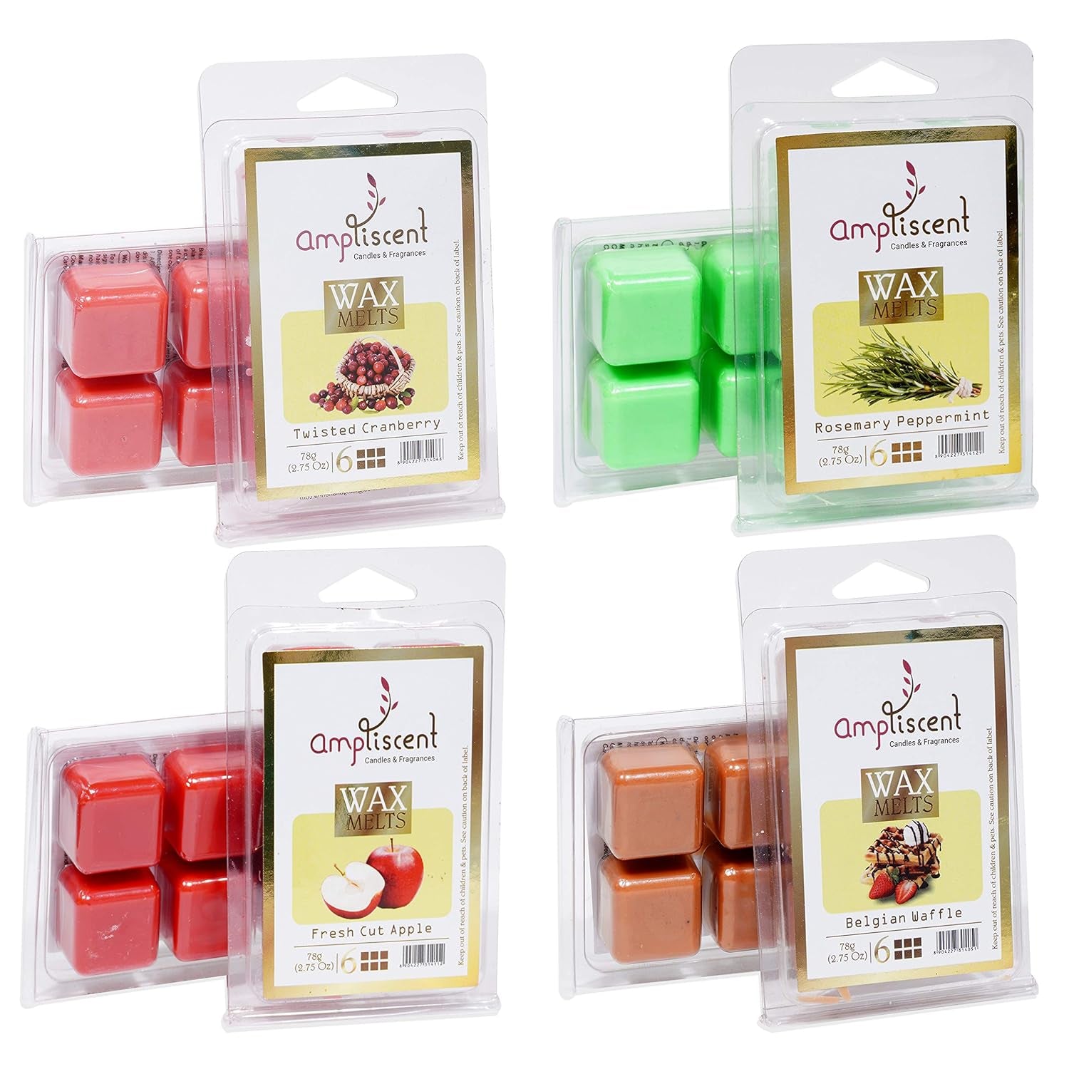 Scented Wax Melts -Wax Cubes Warmer|Candle Wax Air Fresheners|Scented Natural Soy Wax Melt Cubes Cranberry, Belgian Waffle, Rosemarry Peppermint & Fresh Cut Apple - Set of 4 (2.5 Oz)