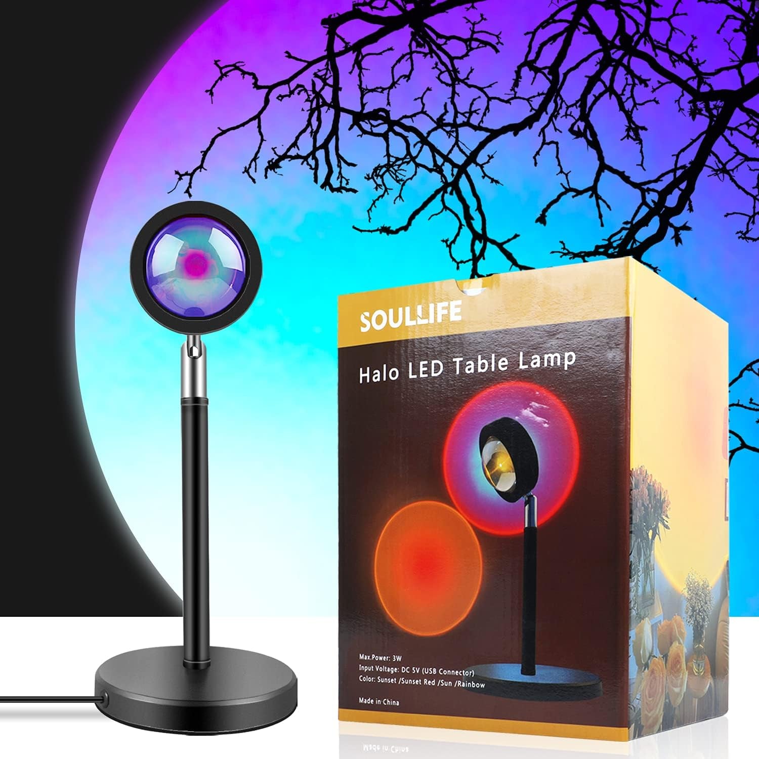 Sunset Lamp Night Light Projector Led Lamp, Romantic Visual Mood Lighting Lamp,For Selfie Party Vlog Background Bedroom Restaurant Decor Live Stream Photography(Rainbow)