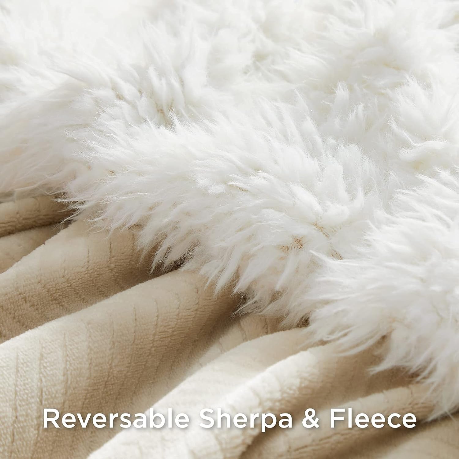 Sherpa Fleece Throw Blanket - Beige Herringbone Throw, 50 X 60 Inches, Warm, Soft, Lightweight, Winter, Unisex, Camping
