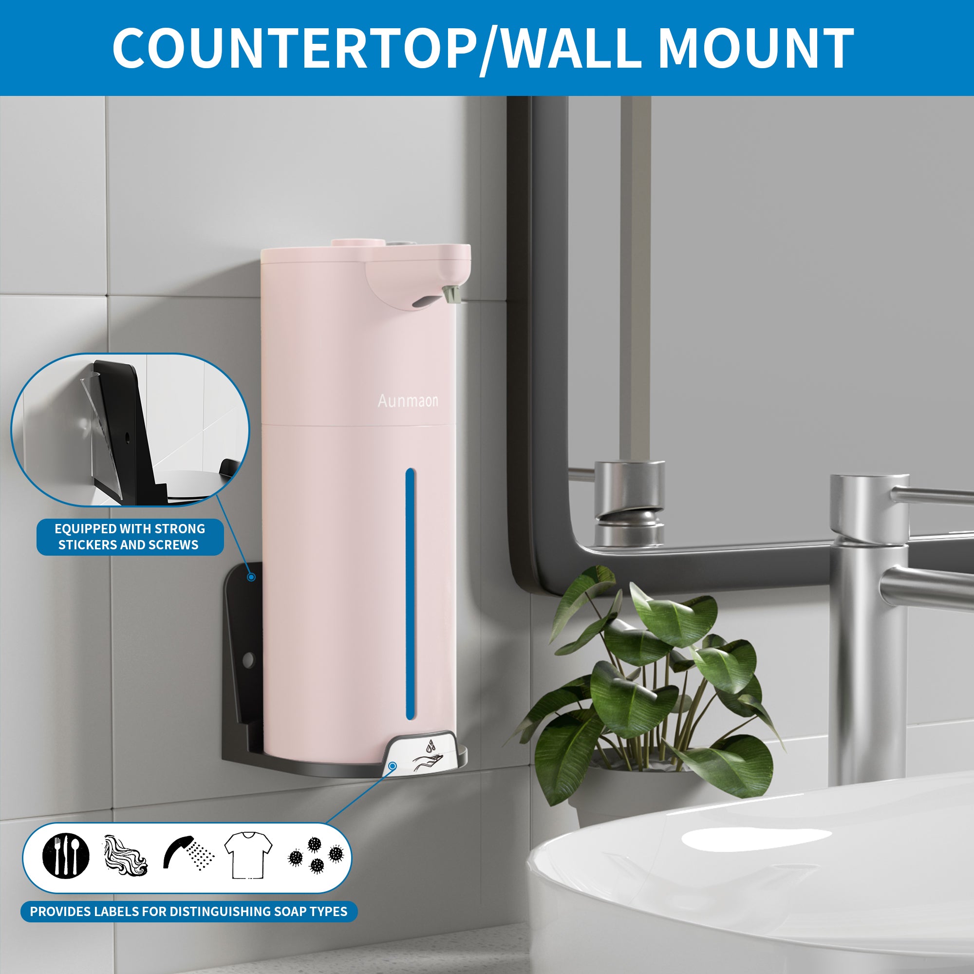Automatic Soap Dispenser Touchless, Hand Soap Dispenser 15 Adjustable Volume for Thick and Thin Liquid Battery Electric,Dish Soap Dispenser Kitchen Bathroom,Auto Soap Dispenser Hands Free Pink