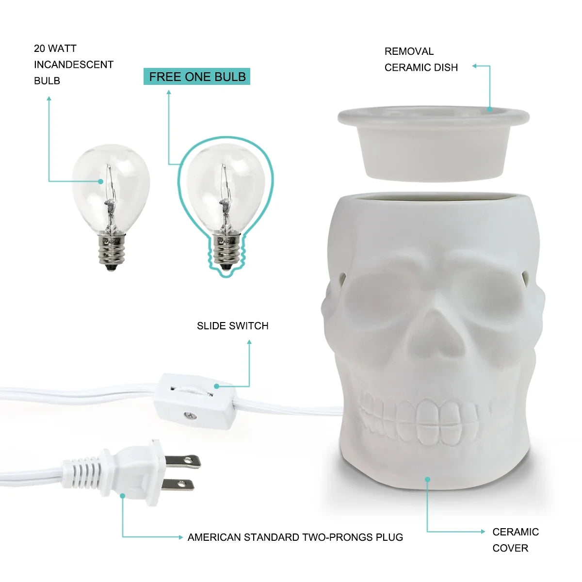 Electric Wax Warmer Ceramic Wax Candle Melter for Home Decor, Resurgent Skull, White