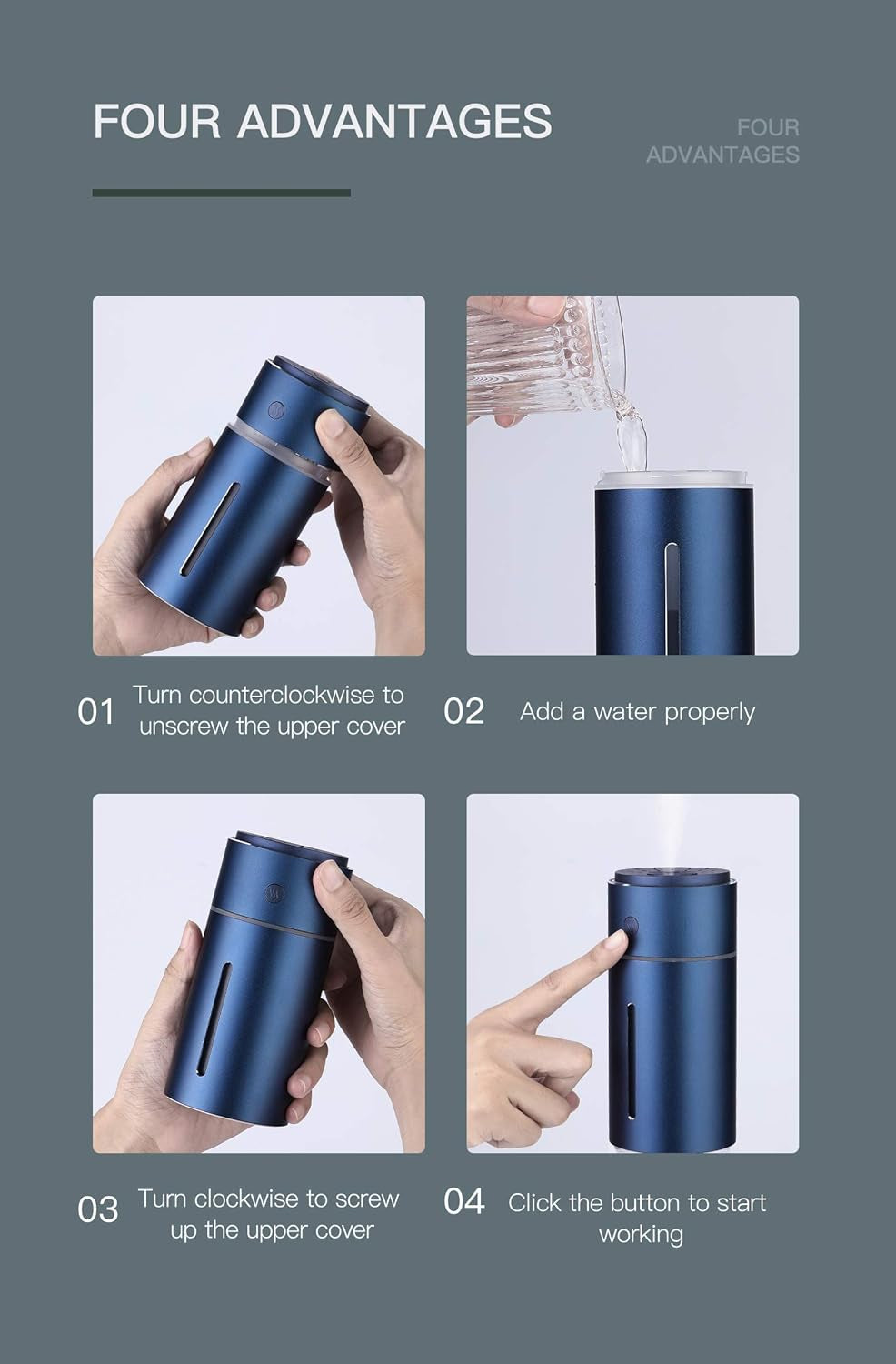 Car Humidifier USB Wireless, Stainless Steel Humidifiers Ultrasonic Diffuser with 7 Colors LED Light, Quiet Operation & Auto Shut-Off, Large Capacity Battery,For Baby Room Office Car (Blue)