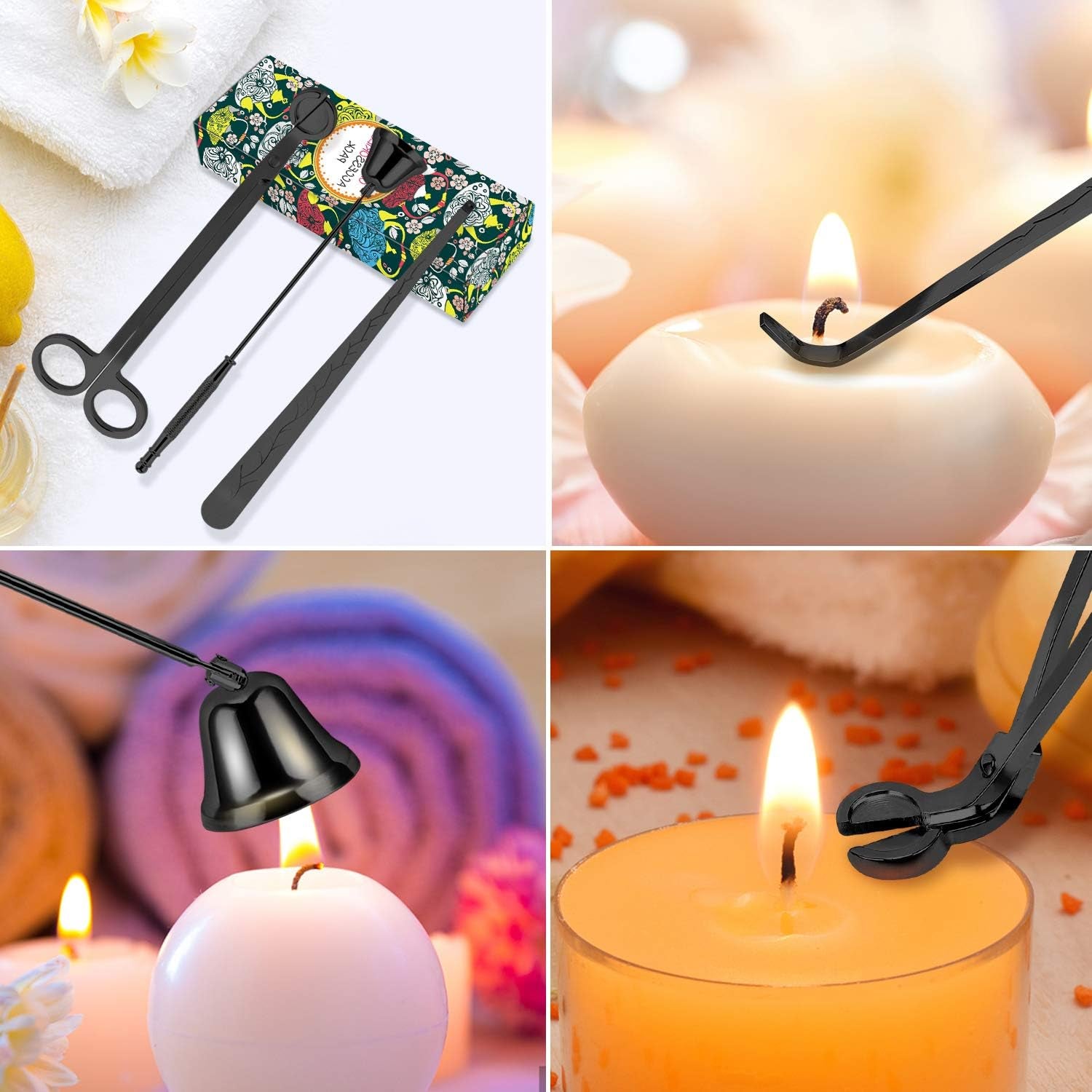 3 in 1 Candle Accessory Set - Wick Trimmer, Snuffer, Dipper with Gift Package for Candle Lovers (Black)