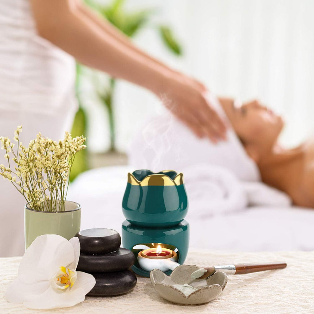 Wax Melt Burners Essential Oil Burner Set of 2, Aromatherapy Aroma Burner Ceramic Oil Diffuser Candle Tealight Holder Home Bedroom Decor Christmas Housewarming Gift Green