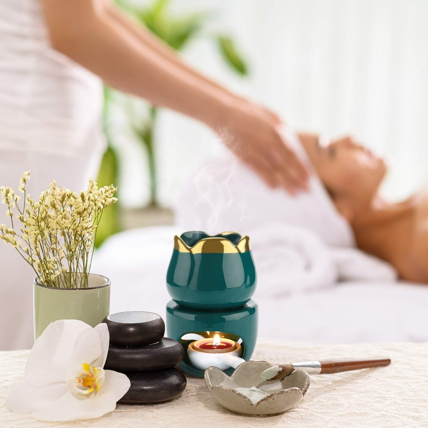 Wax Melt Burners Essential Oil Burner Set of 2, Aromatherapy Aroma Burner Ceramic Oil Diffuser Candle Tealight Holder Home Bedroom Decor Christmas Housewarming Gift Green