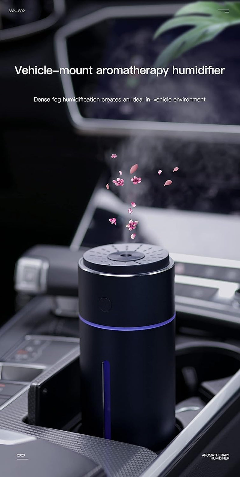 Car Humidifier USB Wireless, Stainless Steel Humidifiers Ultrasonic Diffuser with 7 Colors LED Light, Quiet Operation & Auto Shut-Off, Large Capacity Battery,For Baby Room Office Car (Blue)