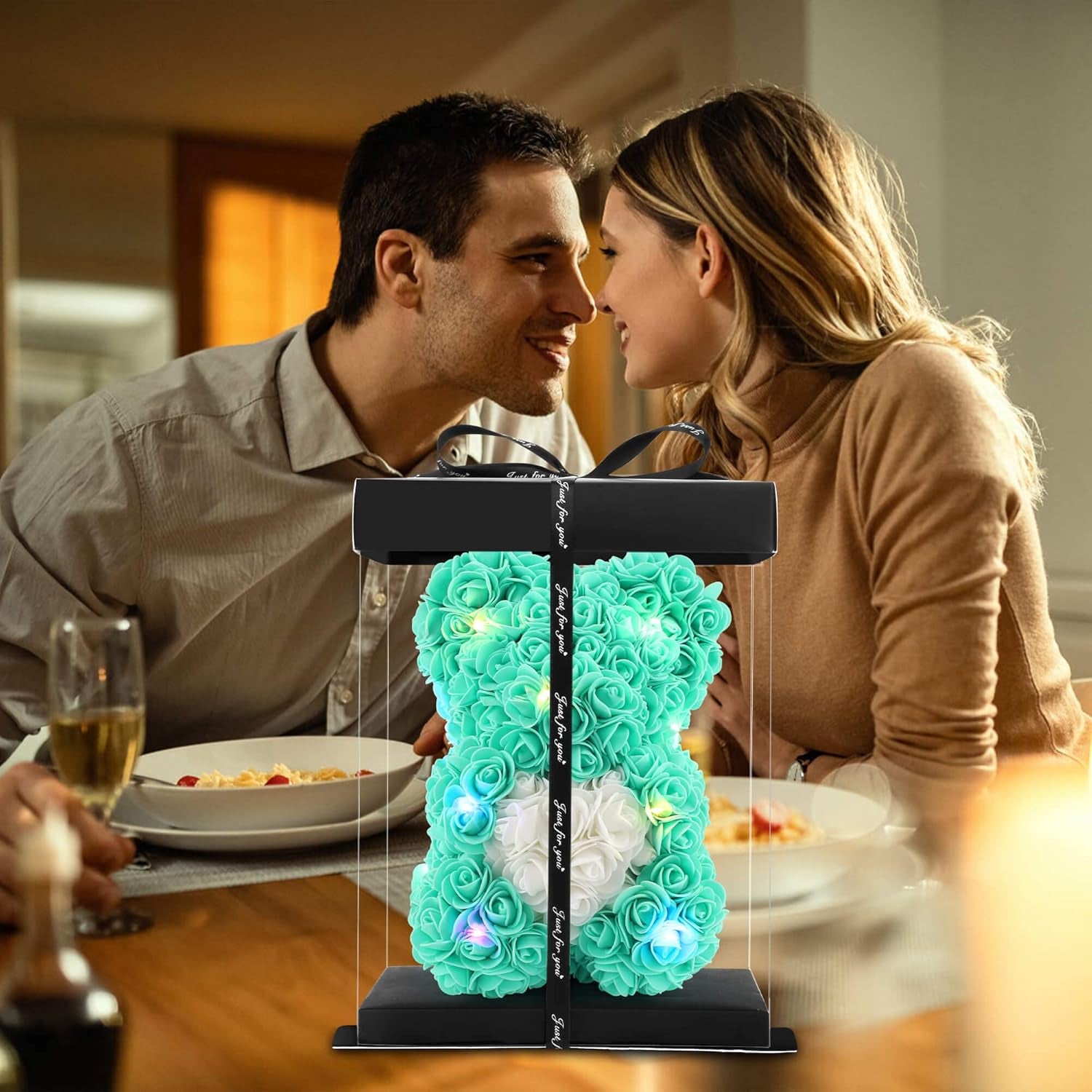 Rose Bear -Mother'S Day Flower Bear Gifts for Women Mom, Handmade Rose Teddy Bear, Artificial Rose Flowers for Mothers Day, Valentines Day, Anniversary, and Wedding Gifts(T Blue)