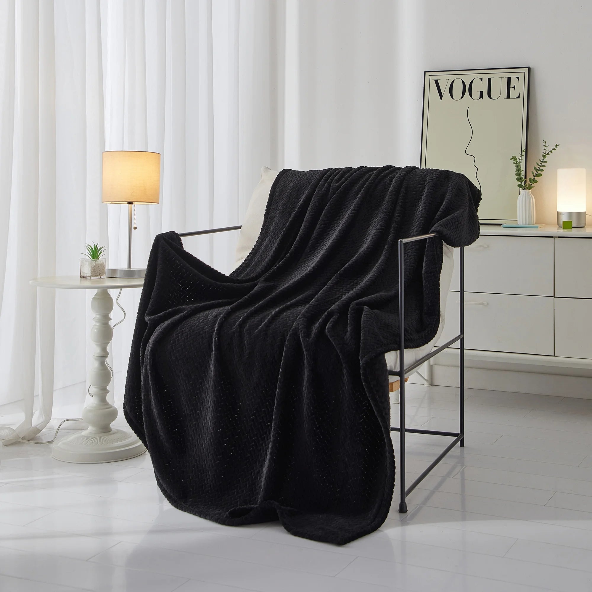 Cozy Textured Plush Throw Blanket, Black, 50"X60" All Ages
