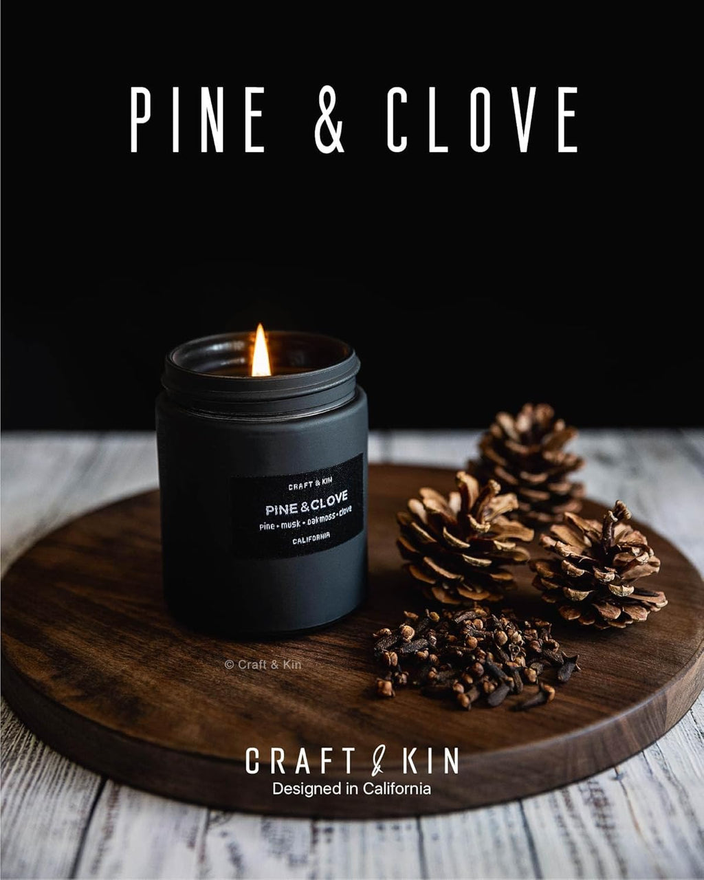 Premium Pine & Clove Candle | Black Fall Scented Candles for Home | Long Lasting with 45 Hour Burn Time, 7.6Oz | Made with Fall Soy Candles | Aromatherapy at Home | Gifts for Men
