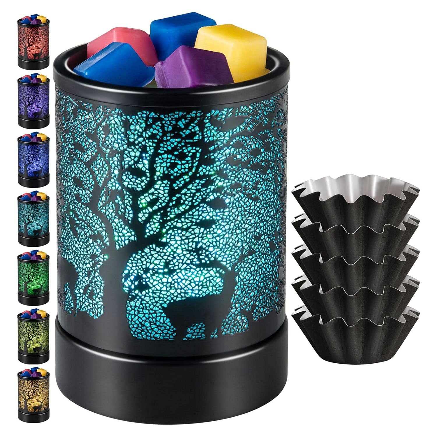 Wax-Melts Warmer Electric Wax-Melter Burners - Scented Fragrance Oil Warmer with 7 Colors Changing Led Light for Home Decor (B-Black Tree Elk Colorful)