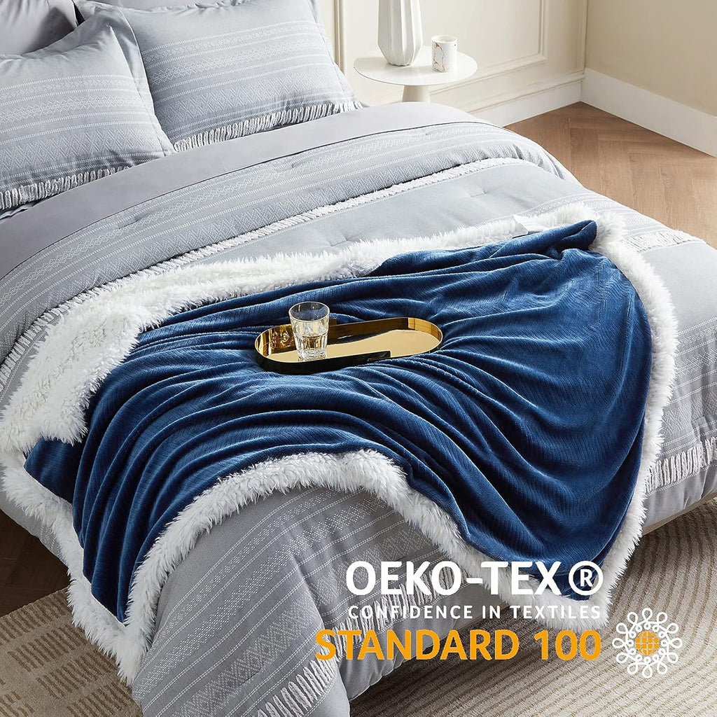 Sherpa Blanket for Couch - Cozy Blanket for Sofa, Plush Throw Blankets Warm Blanket for Winter, Herringbone Soft Fuzzy Flannel Fleece Throw Blanket, Navy (50 X 60 Inches)