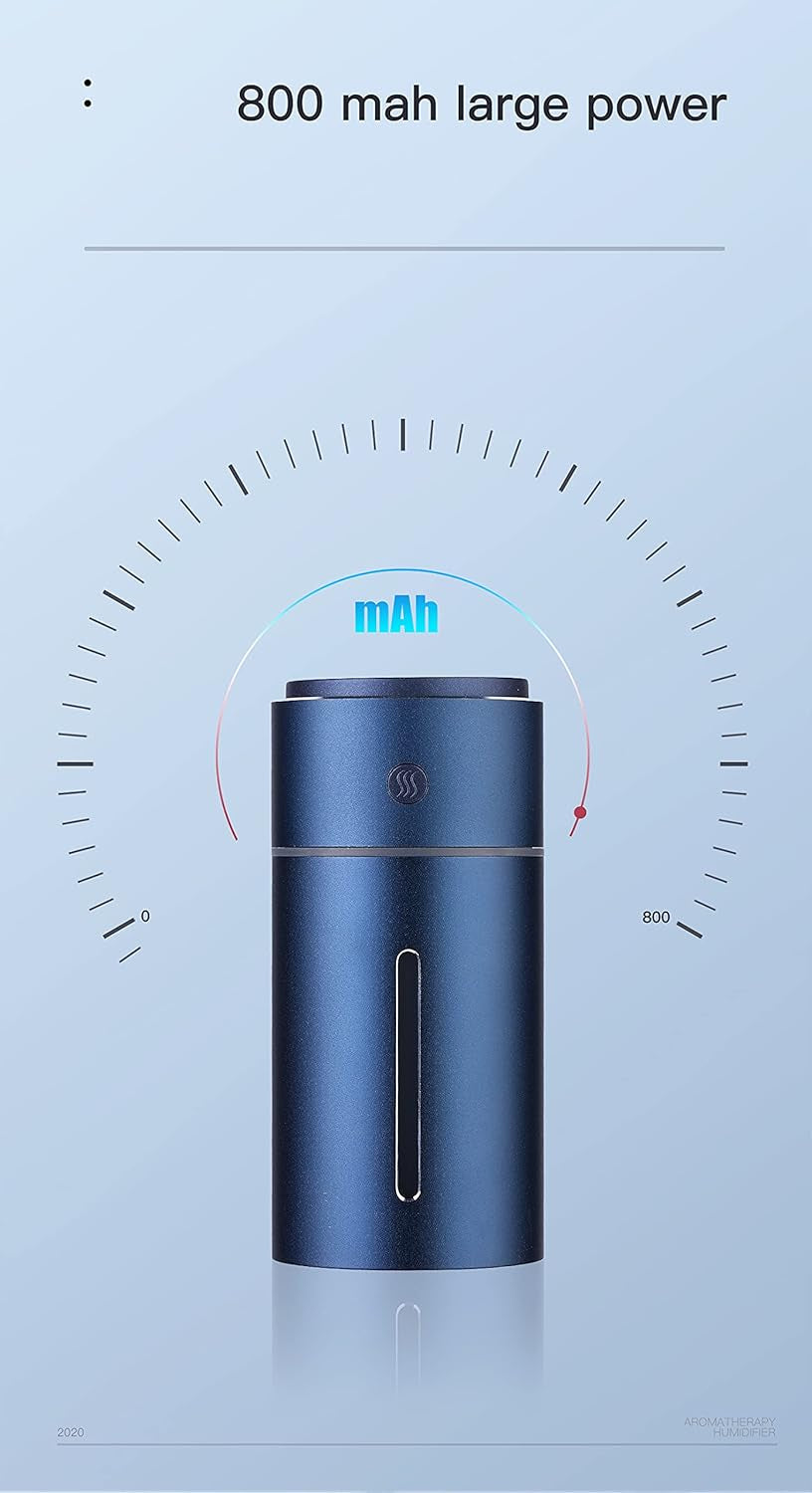 Car Humidifier USB Wireless, Stainless Steel Humidifiers Ultrasonic Diffuser with 7 Colors LED Light, Quiet Operation & Auto Shut-Off, Large Capacity Battery,For Baby Room Office Car (Blue)