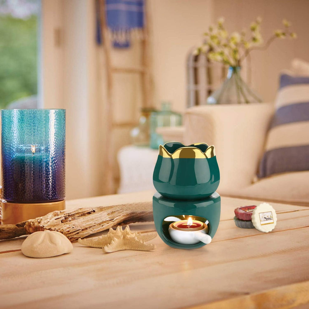 Wax Melt Burners Essential Oil Burner Set of 2, Aromatherapy Aroma Burner Ceramic Oil Diffuser Candle Tealight Holder Home Bedroom Decor Christmas Housewarming Gift Green