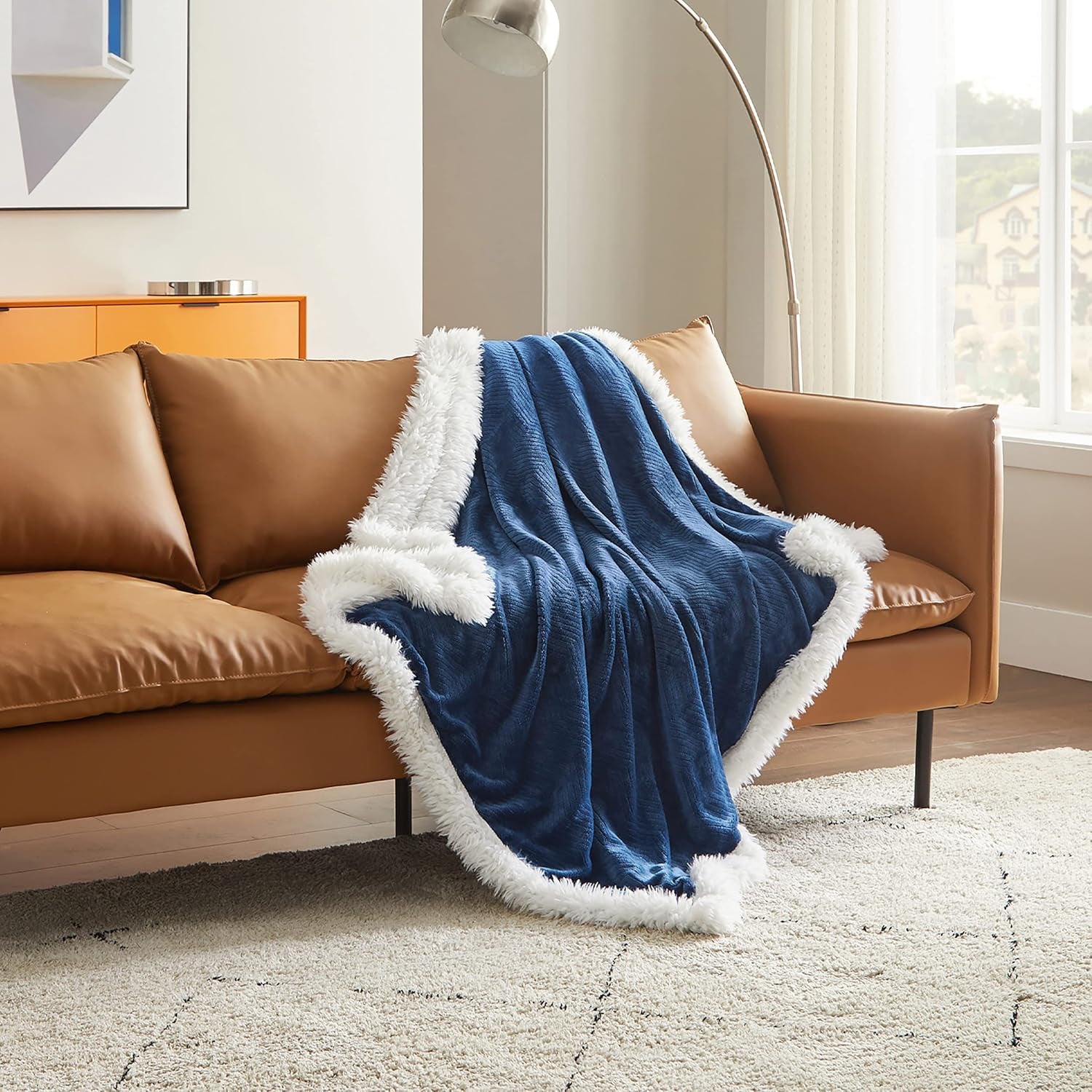 Sherpa Blanket for Couch - Cozy Blanket for Sofa, Plush Throw Blankets Warm Blanket for Winter, Herringbone Soft Fuzzy Flannel Fleece Throw Blanket, Navy (50 X 60 Inches)