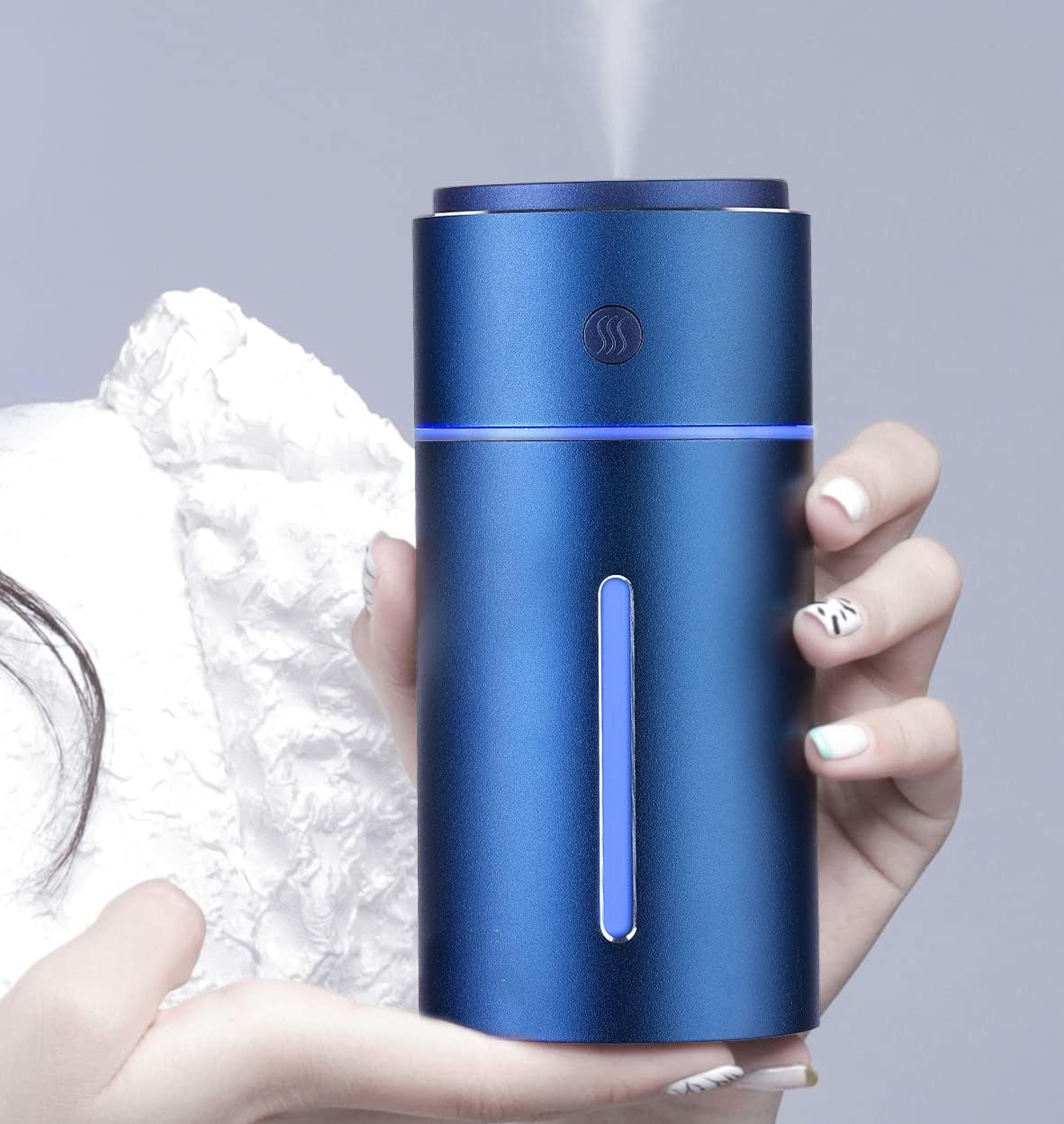 Car Humidifier USB Wireless, Stainless Steel Humidifiers Ultrasonic Diffuser with 7 Colors LED Light, Quiet Operation & Auto Shut-Off, Large Capacity Battery,For Baby Room Office Car (Blue)