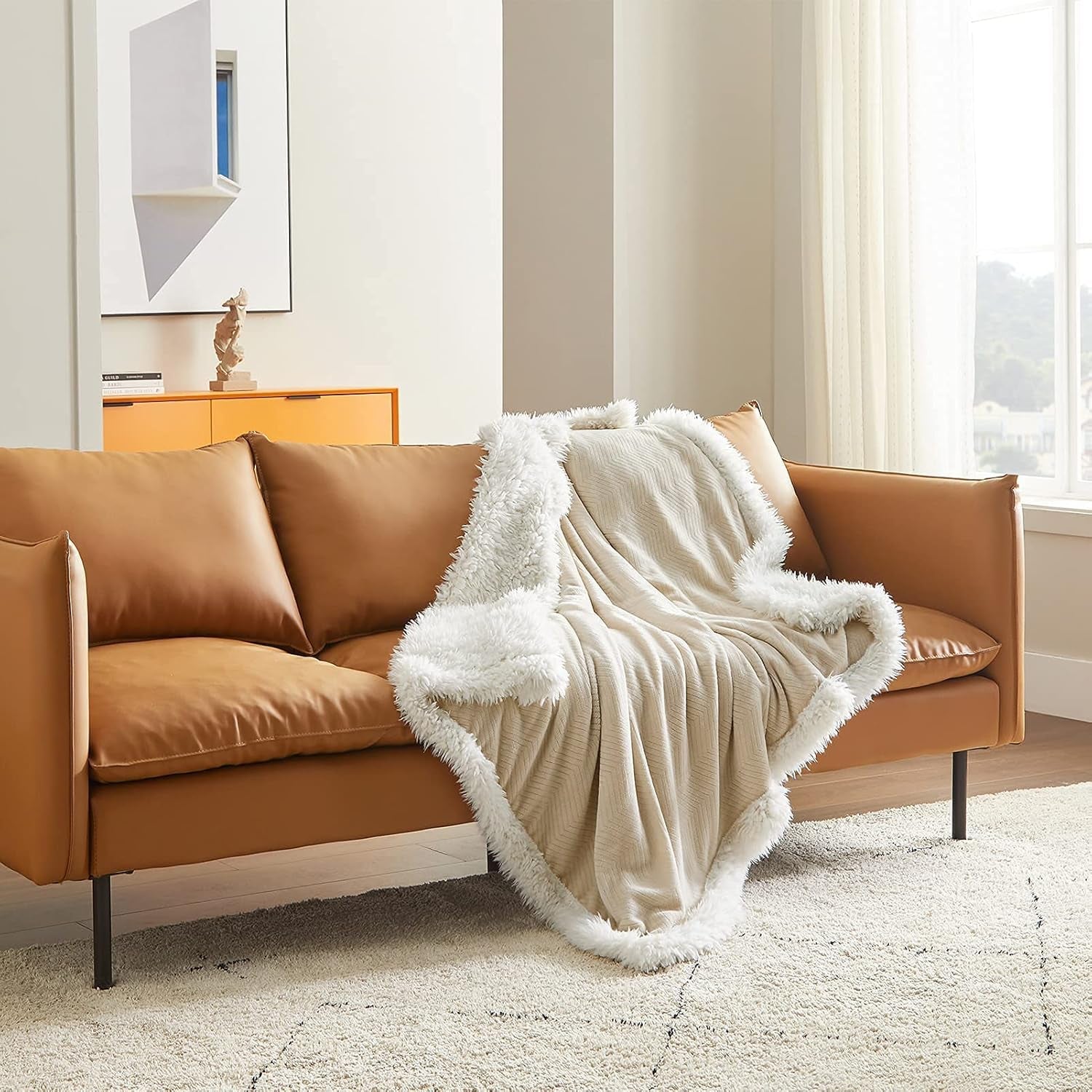 Sherpa Fleece Throw Blanket - Beige Herringbone Throw, 50 X 60 Inches, Warm, Soft, Lightweight, Winter, Unisex, Camping