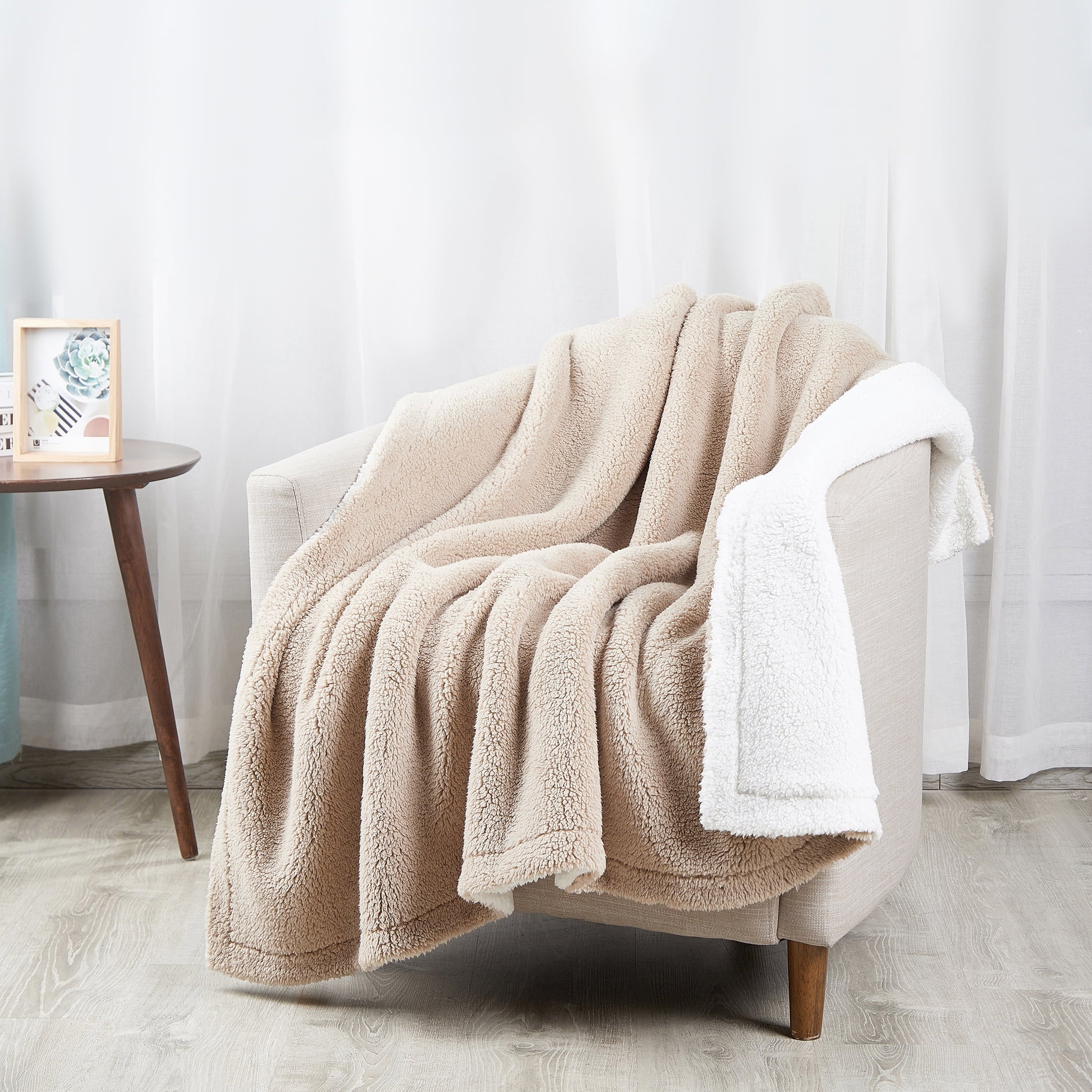 Reversible 2-Tone Ivory and Brown Sherpa Dual Layer Throw Blanket, 50" X 60", Recycled Polyester, Adults and Teens