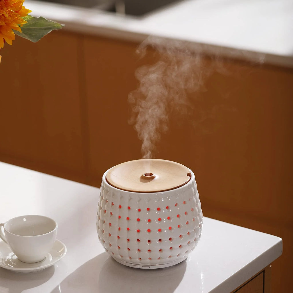 250Ml Ceramic Oil Diffuser for Essential Oils Large Room, Aromatherapy Oil Diffuser Cool Mist Humidifier with 7 Colors Lights 2 Mist Modes White