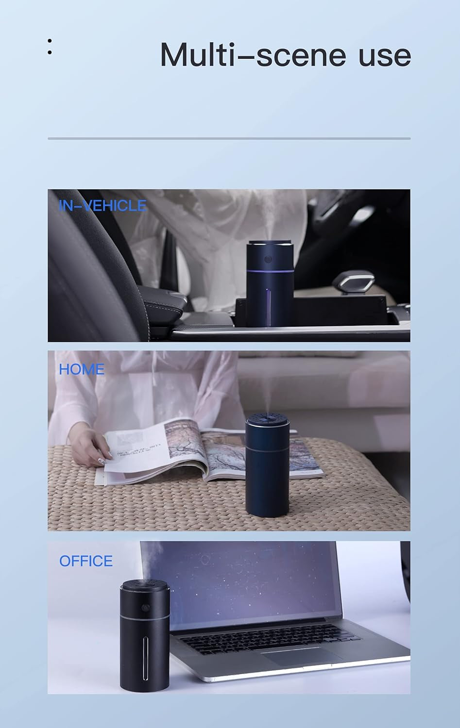Car Humidifier USB Wireless, Stainless Steel Humidifiers Ultrasonic Diffuser with 7 Colors LED Light, Quiet Operation & Auto Shut-Off, Large Capacity Battery,For Baby Room Office Car (Blue)