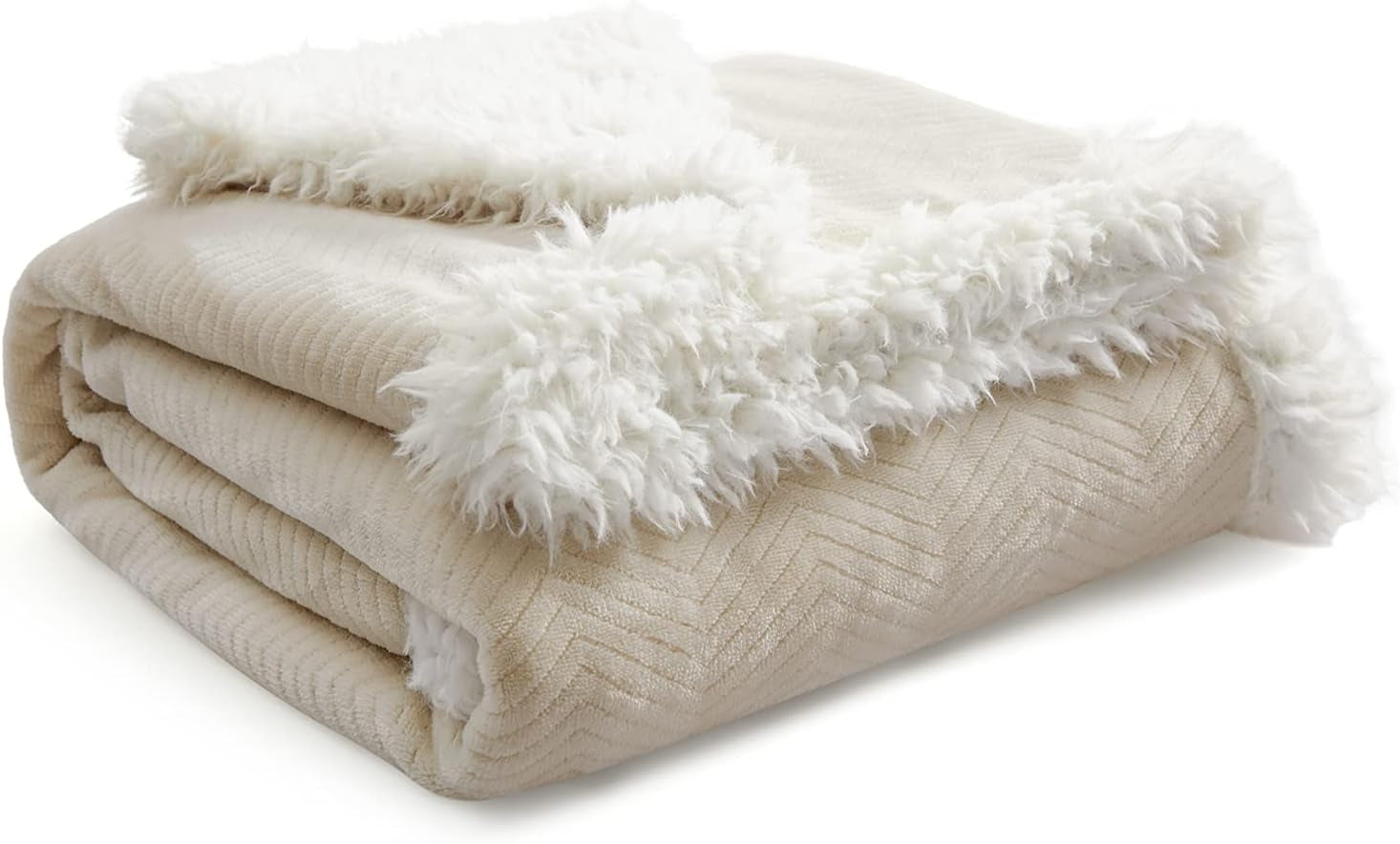 Sherpa Fleece Throw Blanket - Beige Herringbone Throw, 50 X 60 Inches, Warm, Soft, Lightweight, Winter, Unisex, Camping