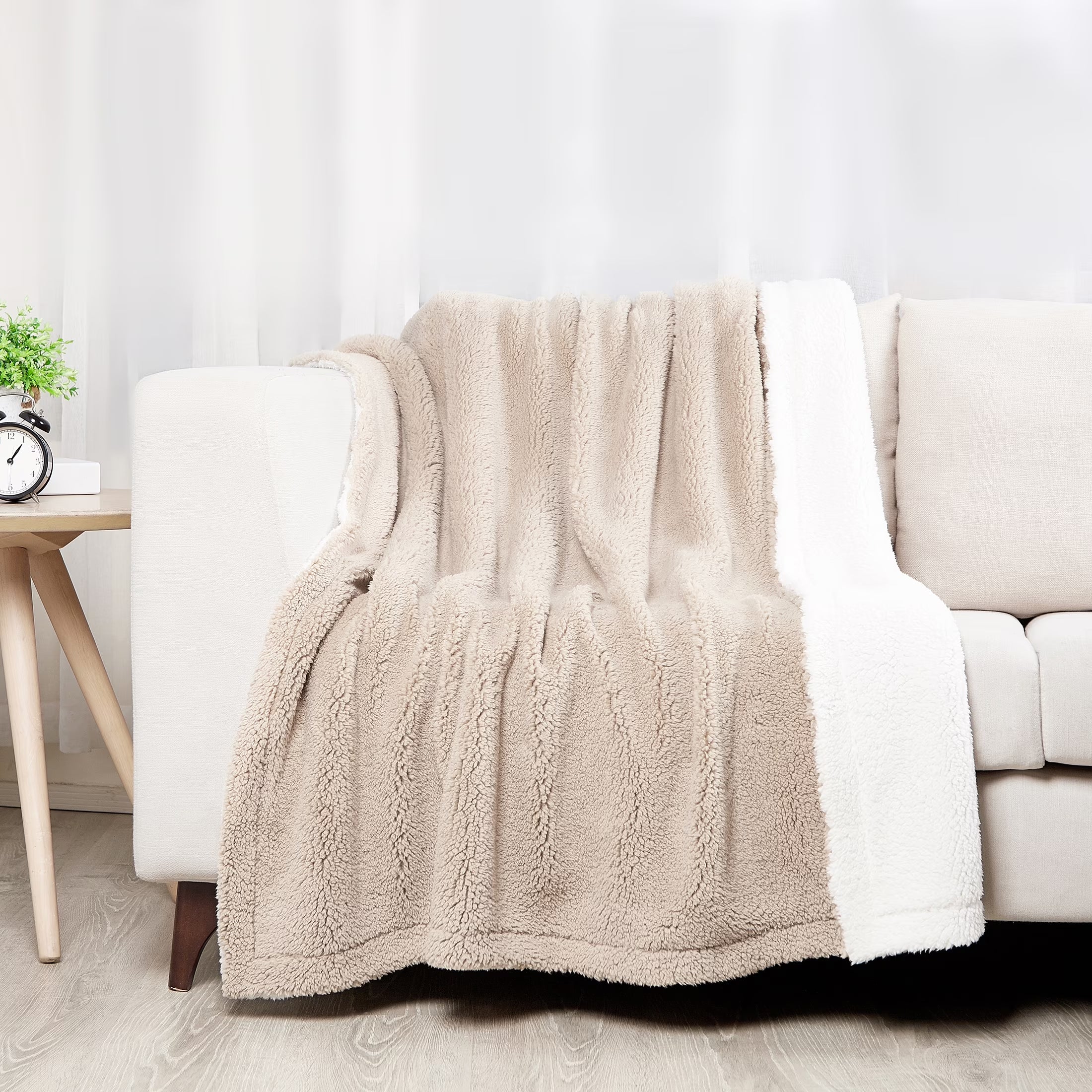 Reversible 2-Tone Ivory and Brown Sherpa Dual Layer Throw Blanket, 50" X 60", Recycled Polyester, Adults and Teens