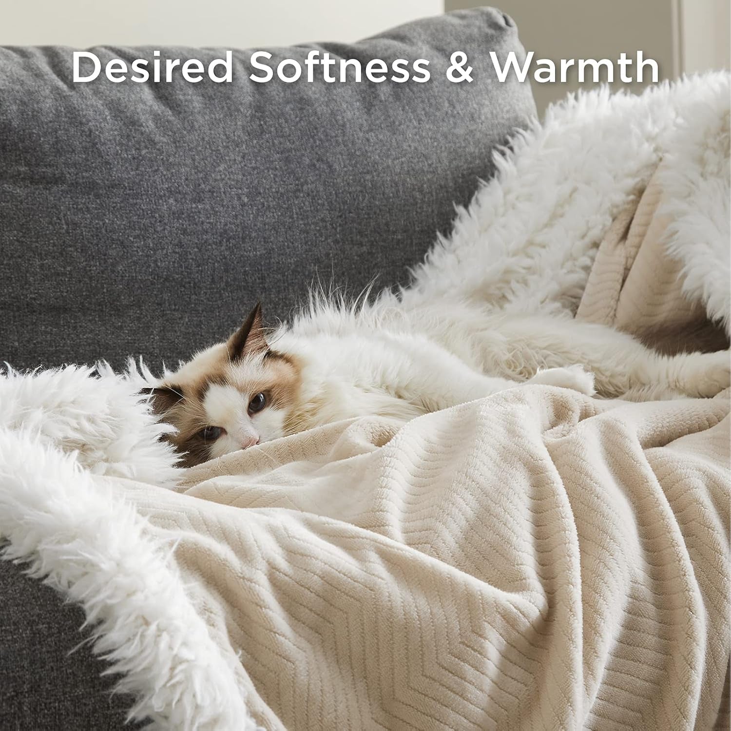 Sherpa Fleece Throw Blanket - Beige Herringbone Throw, 50 X 60 Inches, Warm, Soft, Lightweight, Winter, Unisex, Camping