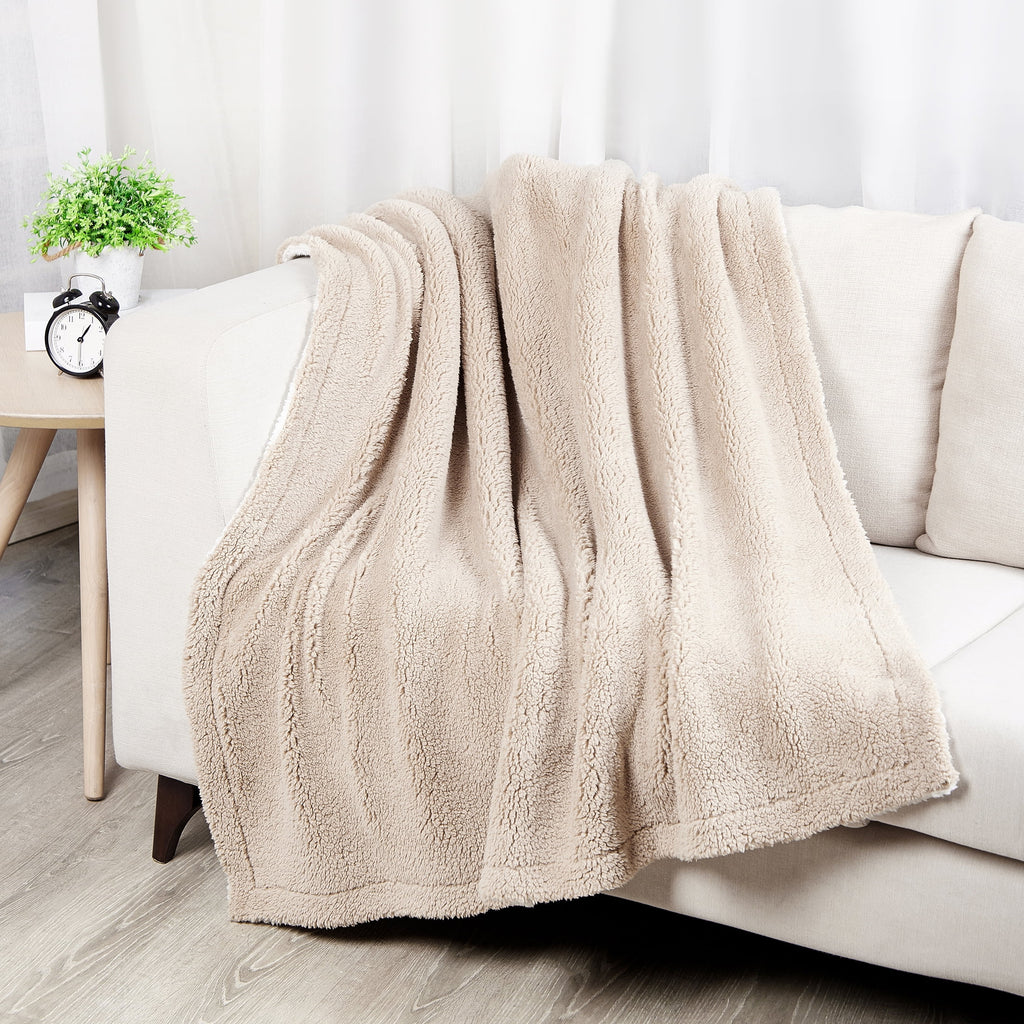 Reversible 2-Tone Ivory and Brown Sherpa Dual Layer Throw Blanket, 50" X 60", Recycled Polyester, Adults and Teens