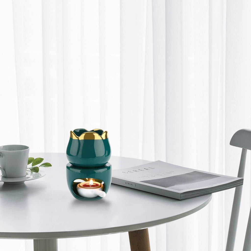 Wax Melt Burners Essential Oil Burner Set of 2, Aromatherapy Aroma Burner Ceramic Oil Diffuser Candle Tealight Holder Home Bedroom Decor Christmas Housewarming Gift Green