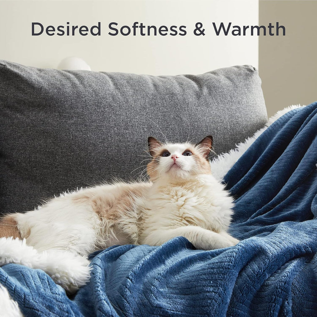 Sherpa Blanket for Couch - Cozy Blanket for Sofa, Plush Throw Blankets Warm Blanket for Winter, Herringbone Soft Fuzzy Flannel Fleece Throw Blanket, Navy (50 X 60 Inches)