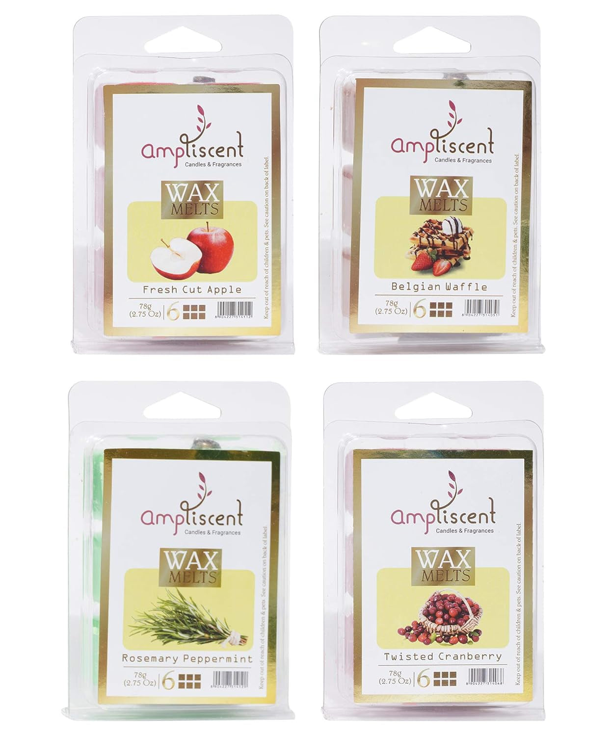 Scented Wax Melts -Wax Cubes Warmer|Candle Wax Air Fresheners|Scented Natural Soy Wax Melt Cubes Cranberry, Belgian Waffle, Rosemarry Peppermint & Fresh Cut Apple - Set of 4 (2.5 Oz)