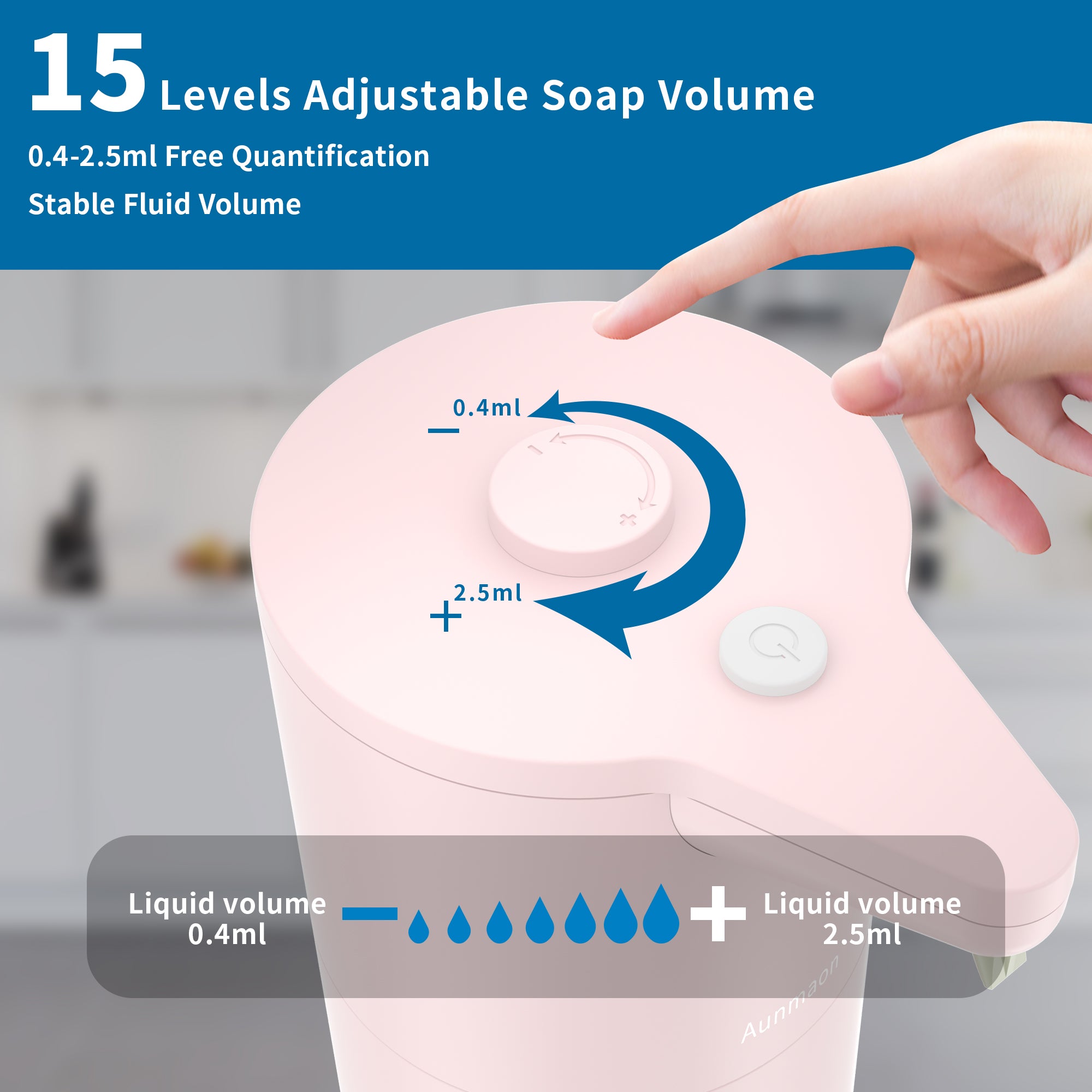 Automatic Soap Dispenser Touchless, Hand Soap Dispenser 15 Adjustable Volume for Thick and Thin Liquid Battery Electric,Dish Soap Dispenser Kitchen Bathroom,Auto Soap Dispenser Hands Free Pink