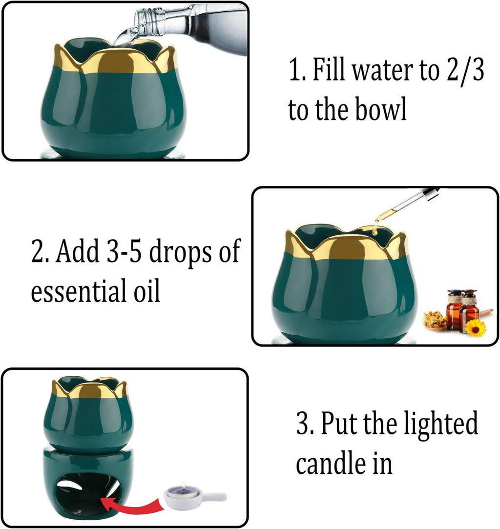 Wax Melt Burners Essential Oil Burner Set of 2, Aromatherapy Aroma Burner Ceramic Oil Diffuser Candle Tealight Holder Home Bedroom Decor Christmas Housewarming Gift Green