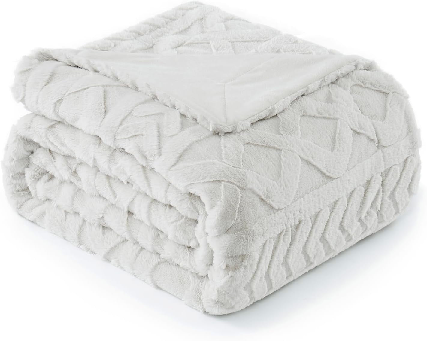 Faux Fur Throw Blanket for Couch, Jacquard Fuzzy Plush Soft Thick Winter Throw Blanket for Sofa Bed Living Room Bedroom，60"X80" Beige